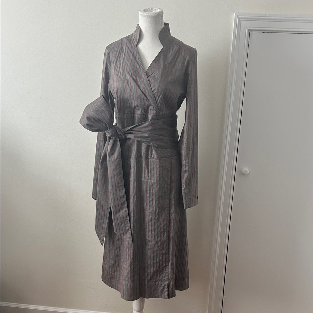 Vintage Bill Blass Midi Dress • Subtle Stripes • Waist Tie • Button-Cuff Sleeve